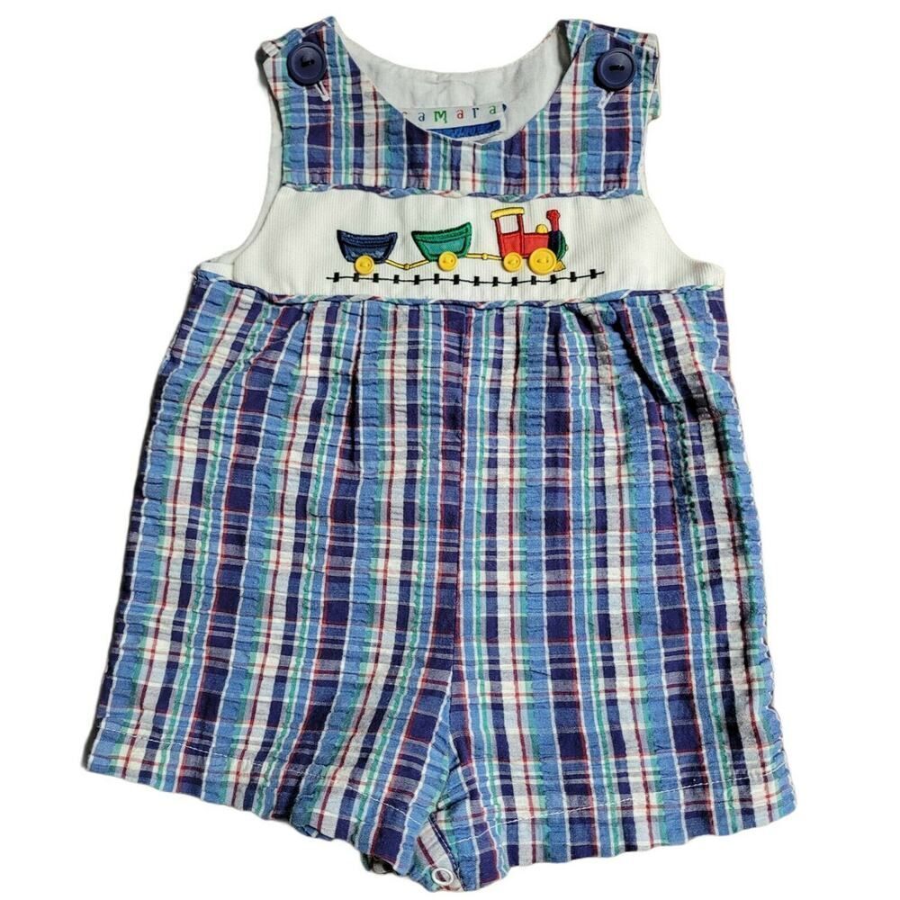 Vintage Samara Plaid Train Themed Romper Overalls